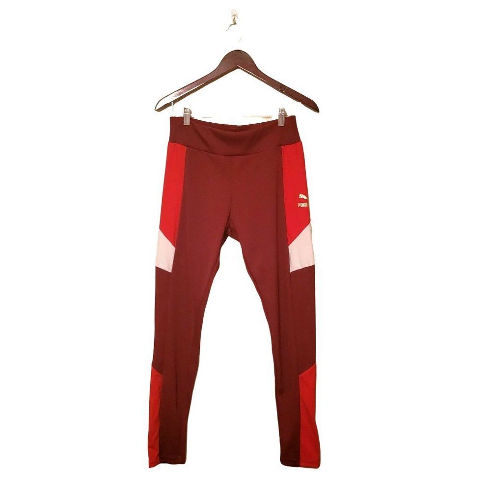 Puma Womens Leggings Red XL Ribbed Full Length Plus Size Pants Logo